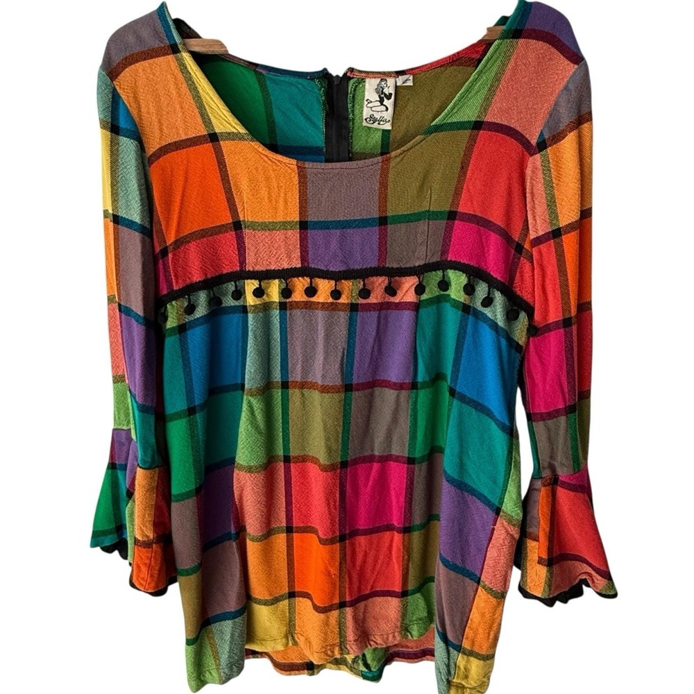 Stella Rainbow Plaid Bell Sleeve Tunic Top Pom Pom Multicolor Woven Large VTG